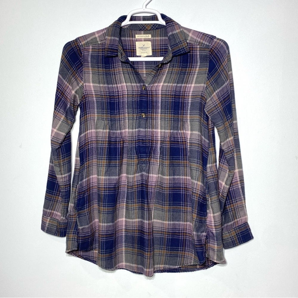 American Eagle Plaid Shirt Women’s S Purple Blue Soft Jegging Fit 1/2 Button Up